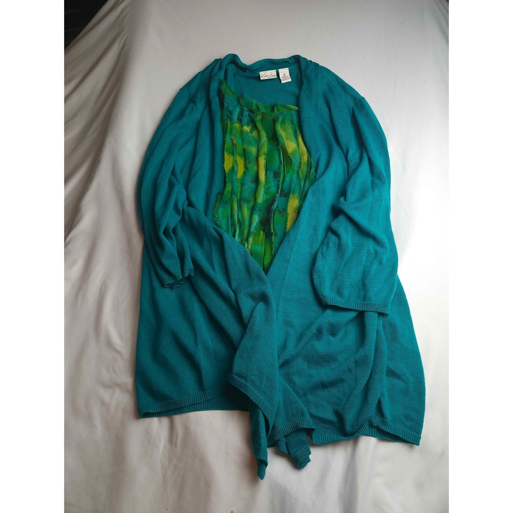 Kim Rogers Woman Teal Cardigan Sweater Green Abstract Inset 3X 3/4 Sleeve